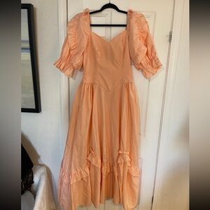 VINTAGE Satin Peach Fizz Puff Sleeve Midi Maxi Dress Gown Selkie S-M